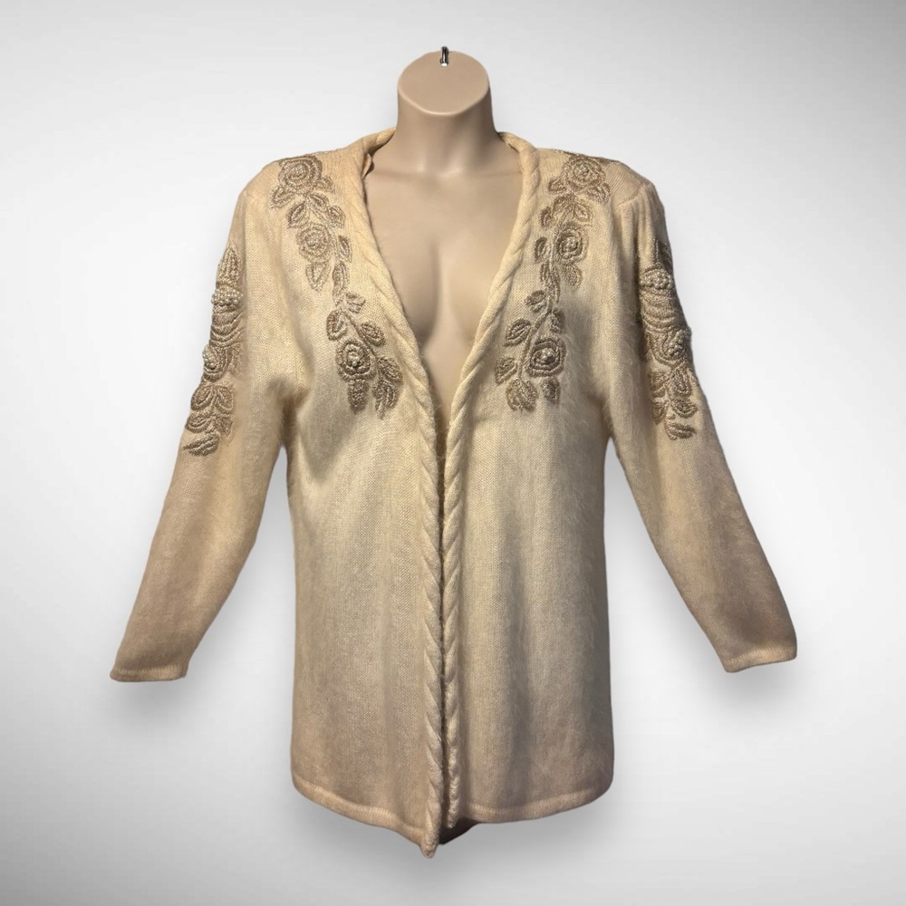 Madeleine 1980's Angora Blend Cardigan Sweater Cream w/Embroidered Flowers